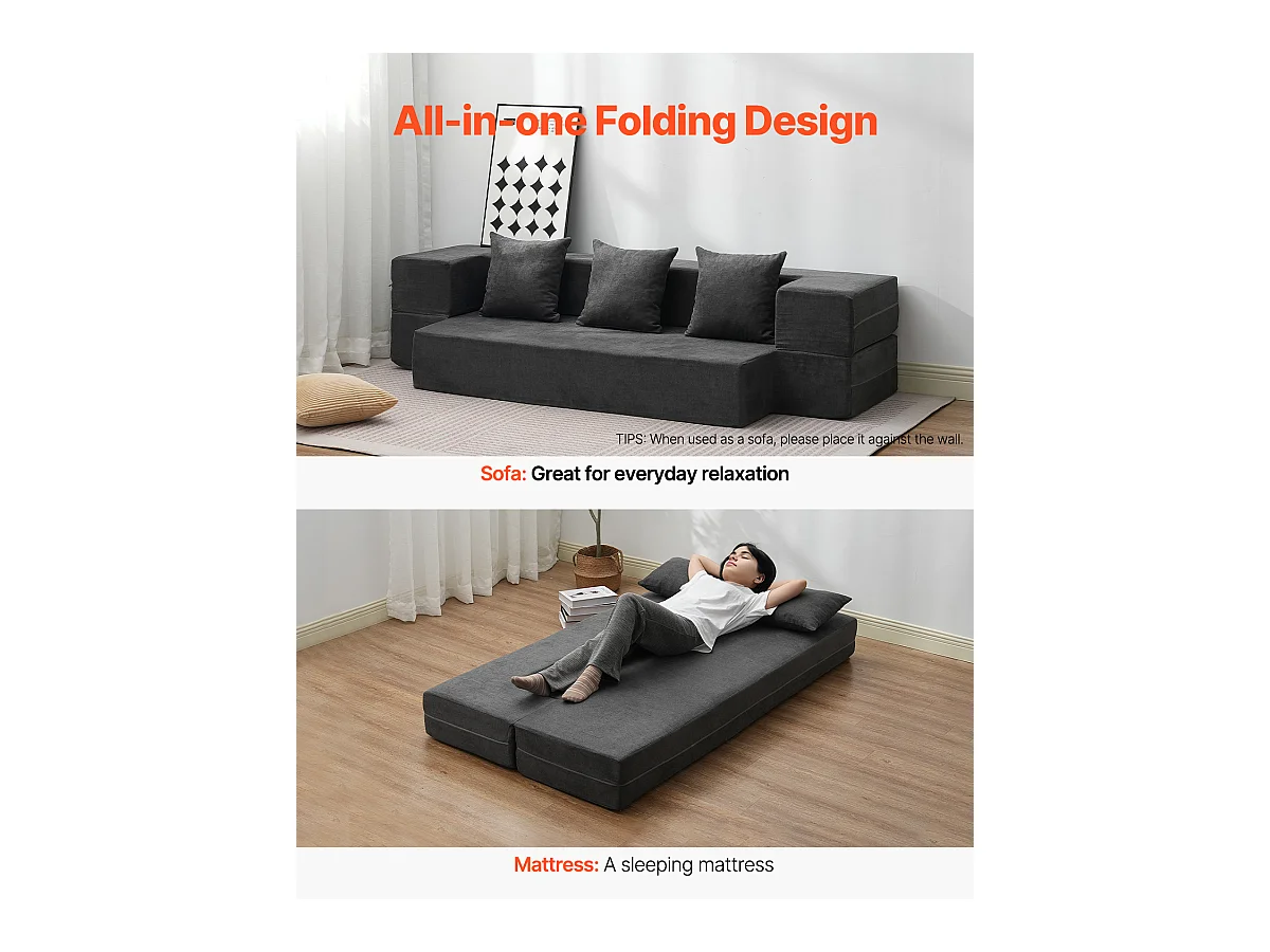 Canapé-lit Moderne, SucceBuy Canapé-lit Pliant 3 en 1 avec 3 Oreillers pour Lit Simple Gris Foncé