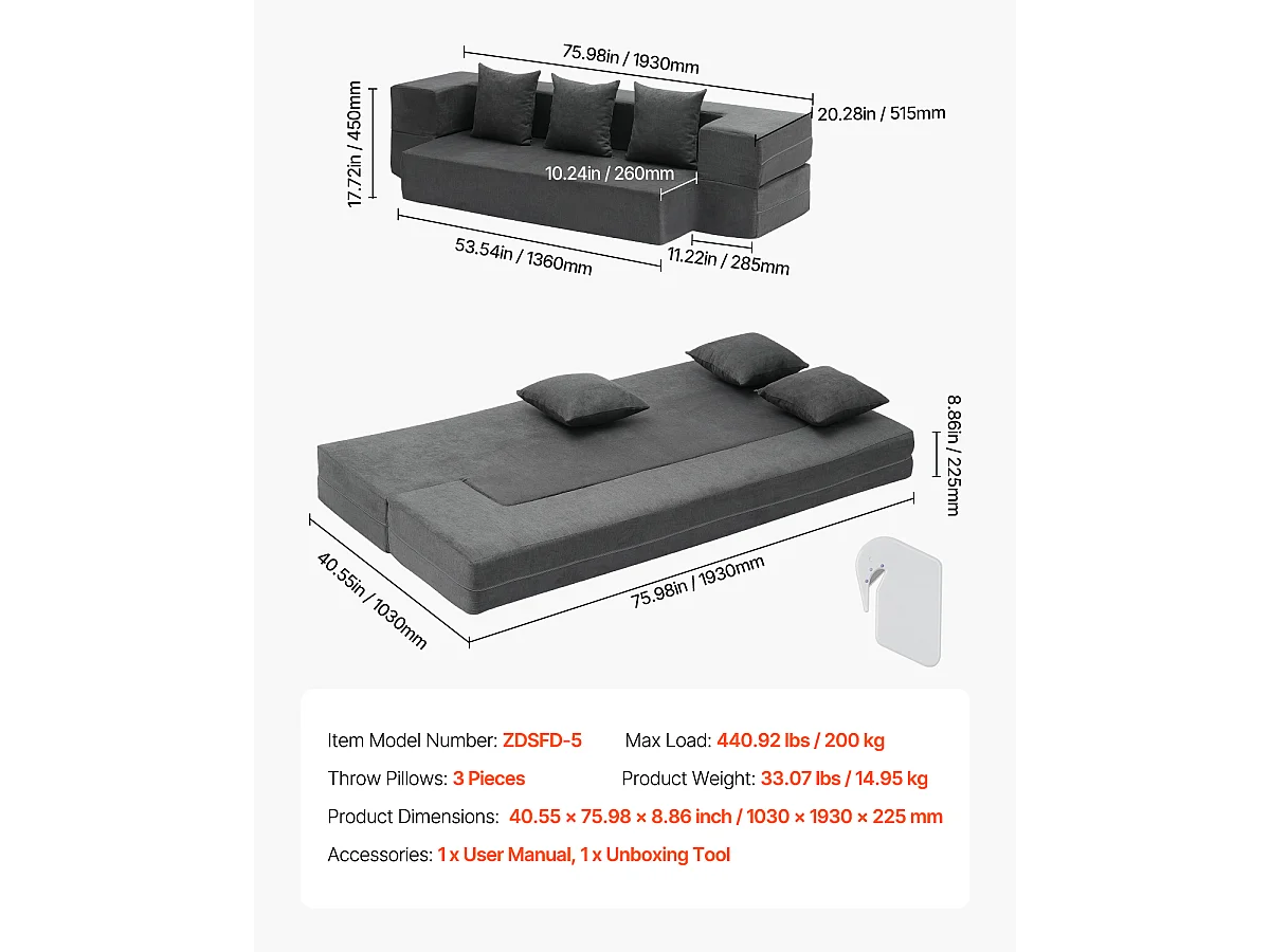Canapé-lit Moderne, SucceBuy Canapé-lit Pliant 3 en 1 avec 3 Oreillers pour Lit Simple Gris Foncé