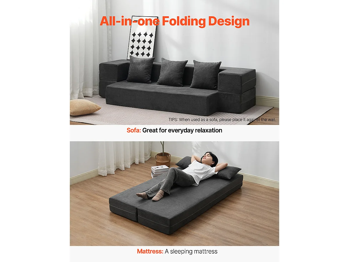 Canapé-lit Moderne, SucceBuy Canapé-lit Pliant 3 en 1 avec 3 Oreillers pour Lit Simple Gris Foncé