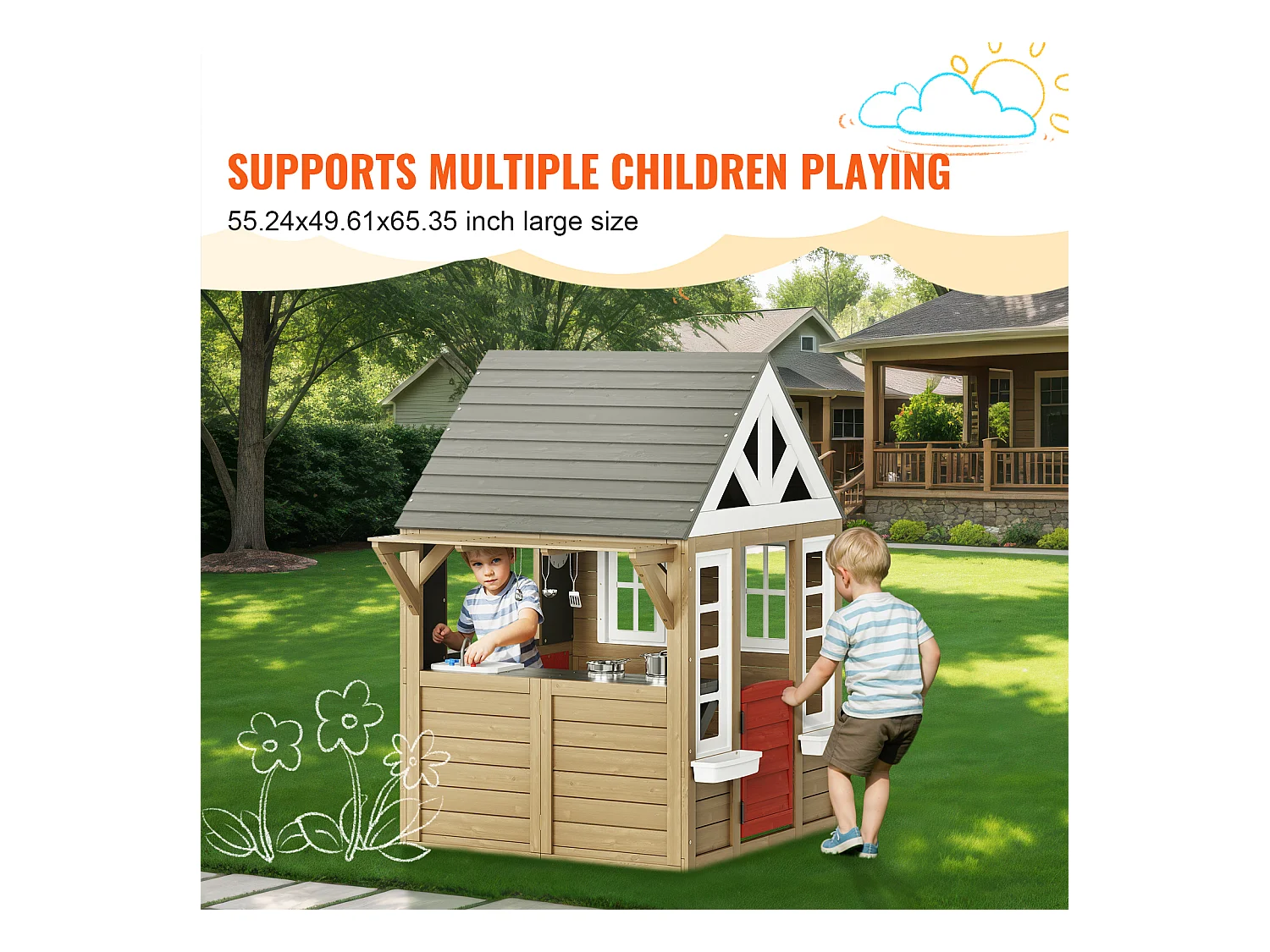 Maison de Jeux Enfant, SucceBuy Maisonnette de Jeu en Bois pour Enfants avec Porte, Fenêtre, Évier