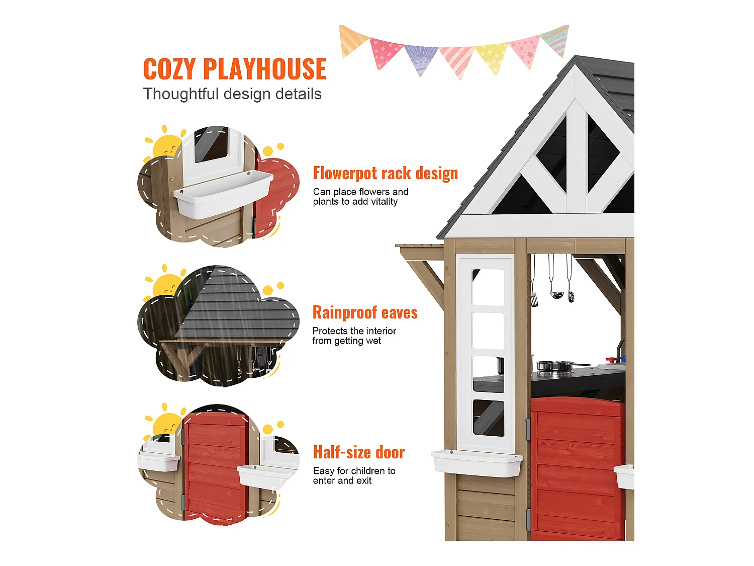 Maison de Jeux Enfant, SucceBuy Maisonnette de Jeu en Bois pour Enfants avec Porte, Fenêtre, Évier