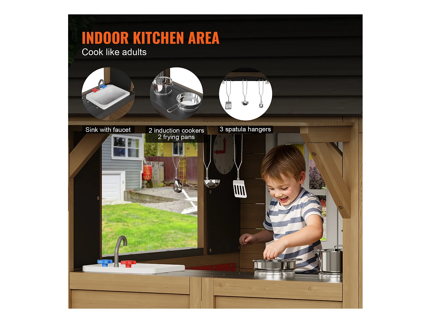 Maison de Jeux Enfant, SucceBuy Maisonnette de Jeu en Bois pour Enfants avec Porte, Fenêtre, Évier