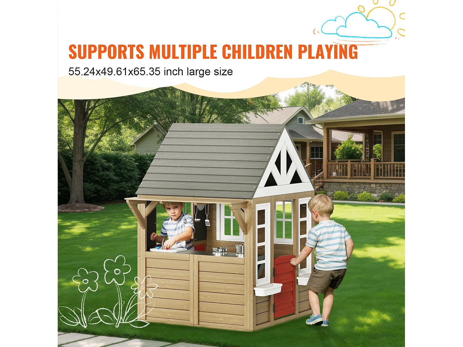 Maison de Jeux Enfant, SucceBuy Maisonnette de Jeu en Bois pour Enfants avec Porte, Fenêtre, Évier