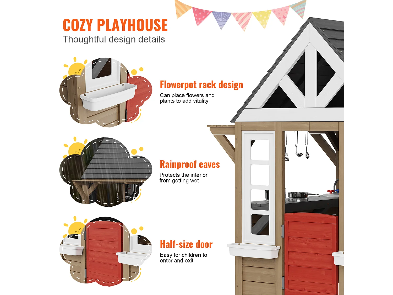 Maison de Jeux Enfant, SucceBuy Maisonnette de Jeu en Bois pour Enfants avec Porte, Fenêtre, Évier