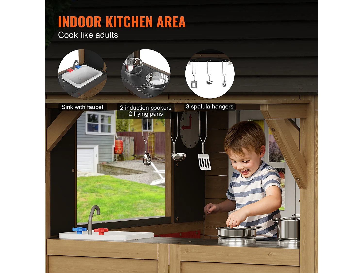 Maison de Jeux Enfant, SucceBuy Maisonnette de Jeu en Bois pour Enfants avec Porte, Fenêtre, Évier