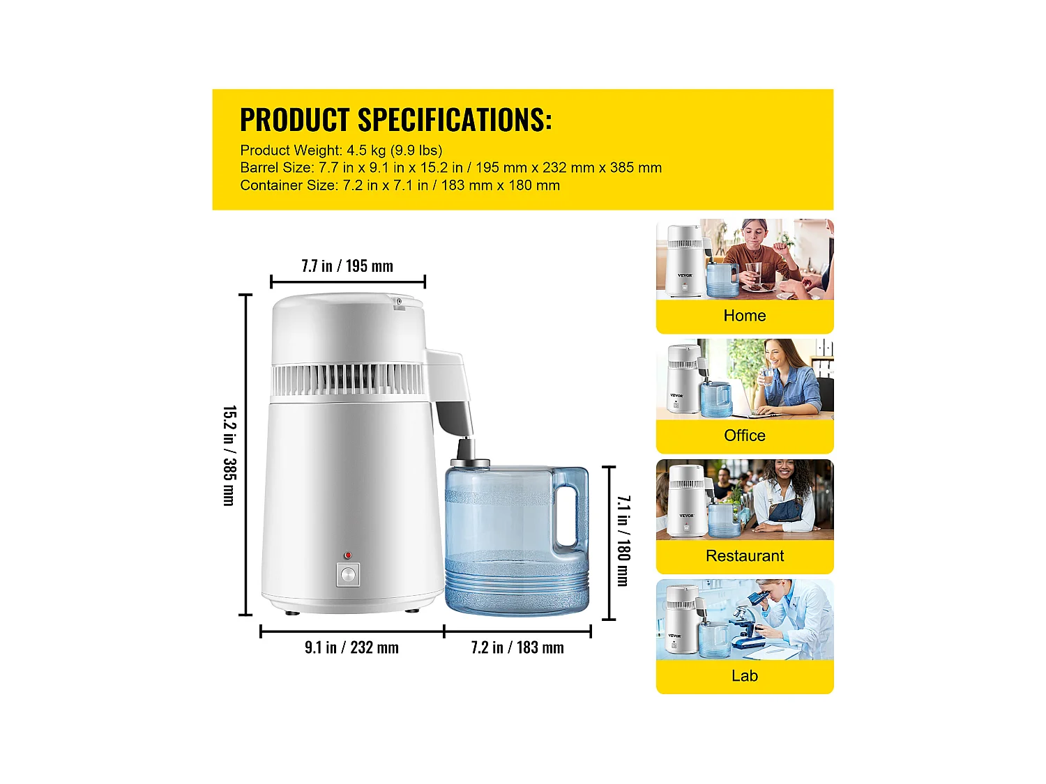 Petit Electroménager SucceBuy Distillateur D'Eau Pure 4 L, Filtre Purificateur D'Eau 1 L/H, Maison Médicale Dentaire, 220 V