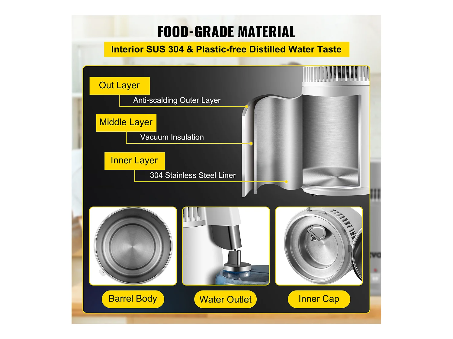 Petit Electroménager SucceBuy Distillateur D'Eau Pure 4 L, Filtre Purificateur D'Eau 1 L/H, Maison Médicale Dentaire, 220 V