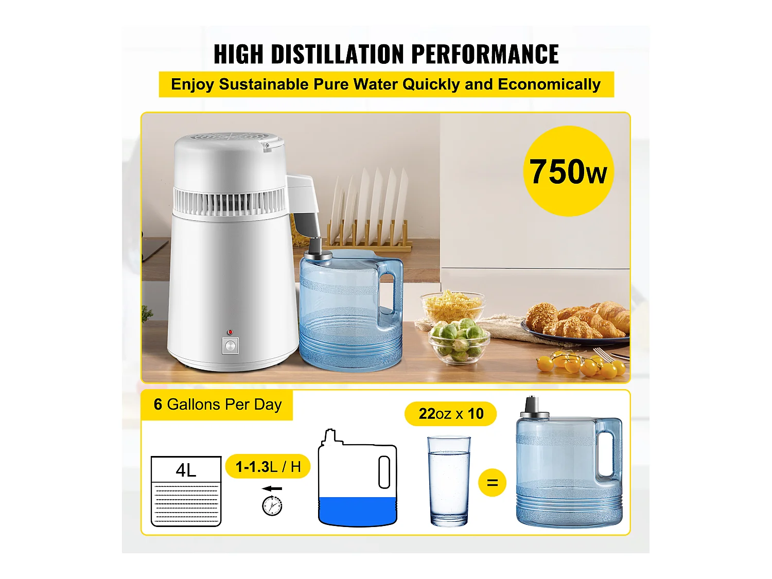 Petit Electroménager SucceBuy Distillateur D'Eau Pure 4 L, Filtre Purificateur D'Eau 1 L/H, Maison Médicale Dentaire, 220 V