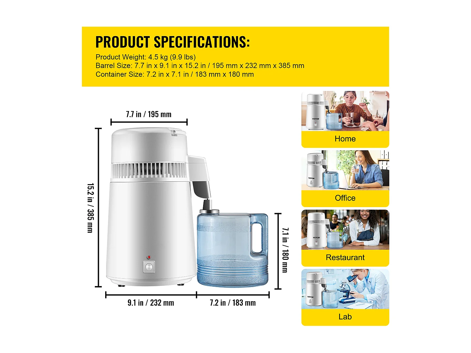 Petit Electroménager SucceBuy Distillateur D'Eau Pure 4 L, Filtre Purificateur D'Eau 1 L/H, Maison Médicale Dentaire, 220 V