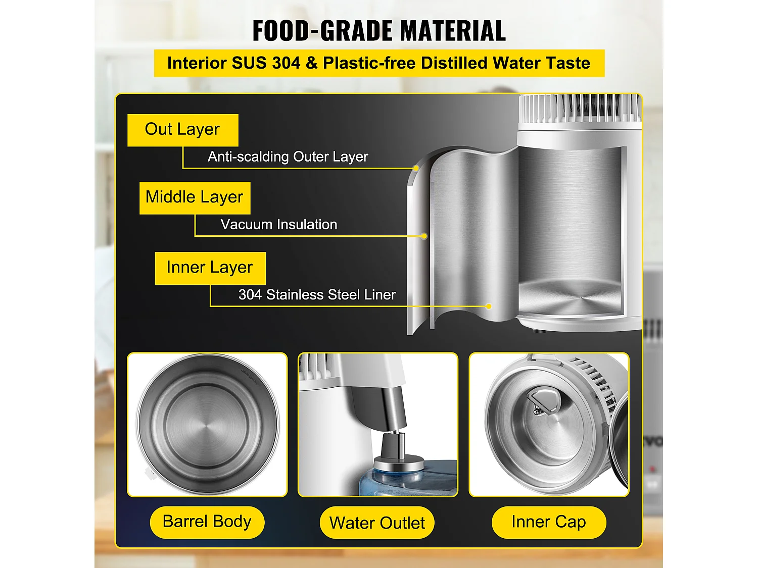 Petit Electroménager SucceBuy Distillateur D'Eau Pure 4 L, Filtre Purificateur D'Eau 1 L/H, Maison Médicale Dentaire, 220 V