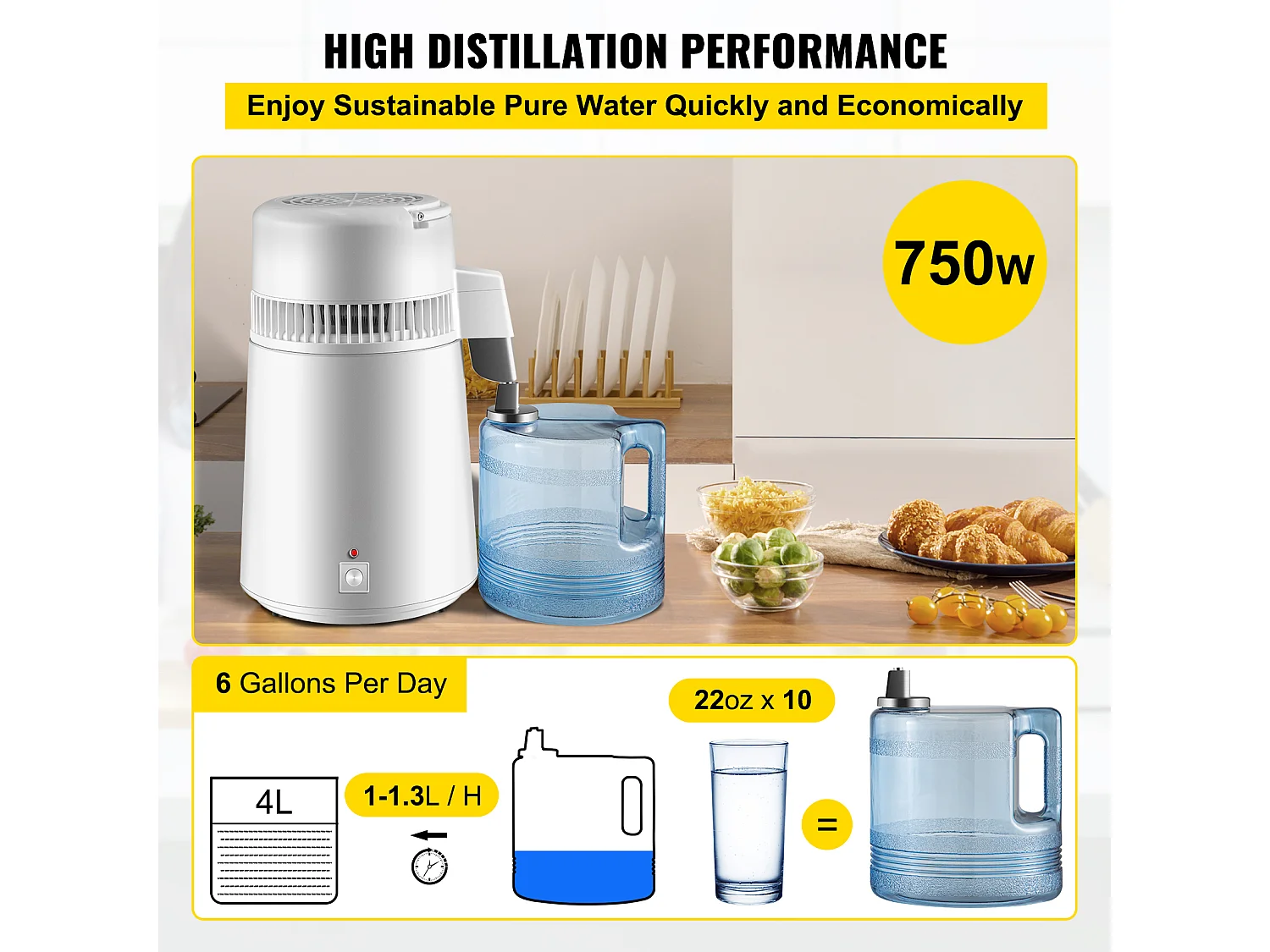 Petit Electroménager SucceBuy Distillateur D'Eau Pure 4 L, Filtre Purificateur D'Eau 1 L/H, Maison Médicale Dentaire, 220 V