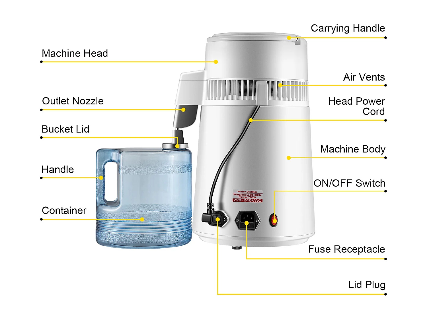 Petit Electroménager SucceBuy Distillateur D'Eau Pure 4 L, Filtre Purificateur D'Eau 1 L/H, Maison Médicale Dentaire, 220 V