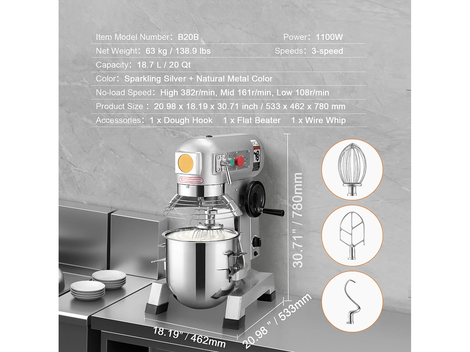 Robot Pâtissier SucceBuy Mélangeur à Pâte Commercial, Bol en Acier Inoxydable de 8.5 L, Spirale