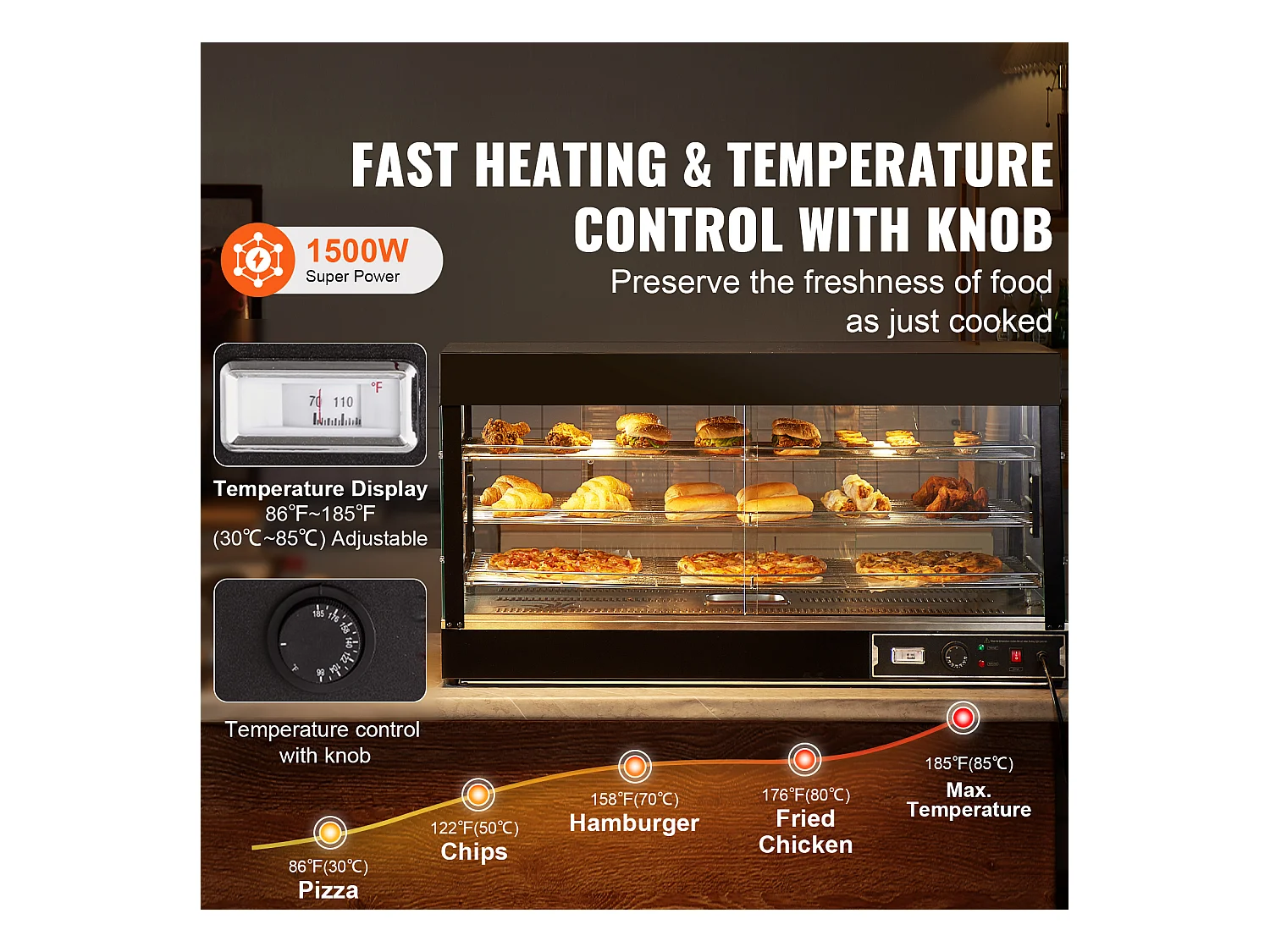 Présentoir SucceBuy Armoire à Pizza Commerciale à 3 Niveaux pour Réchauffeur de Nourriture avec Lumière