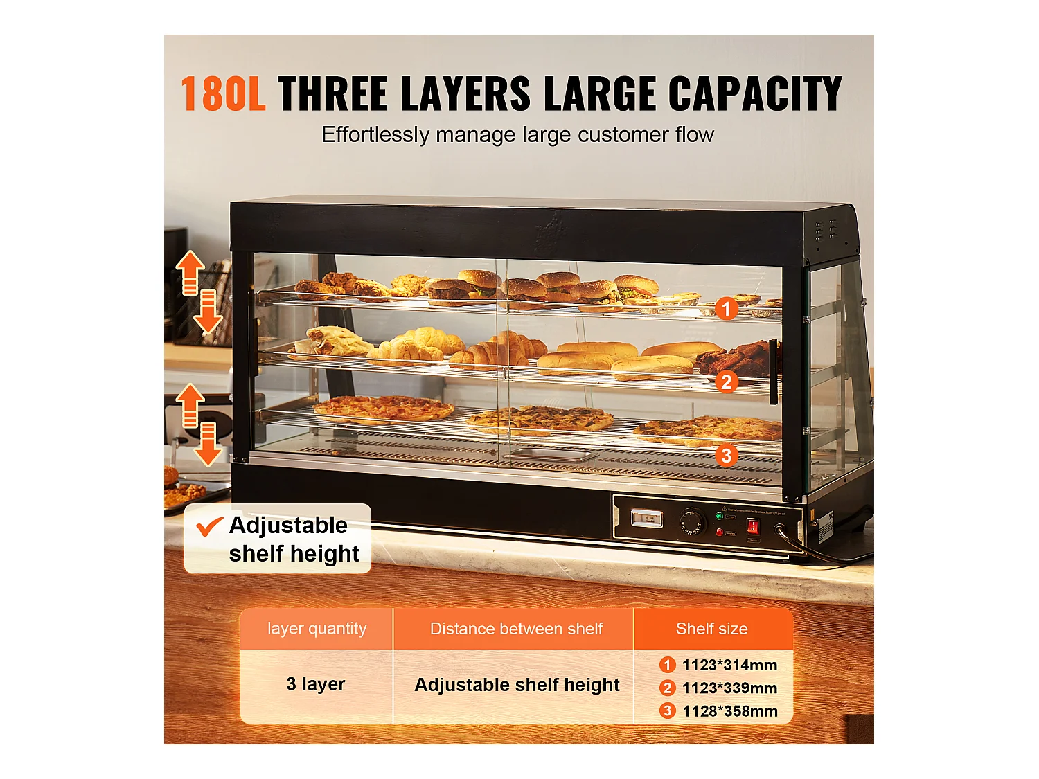 Présentoir SucceBuy Armoire à Pizza Commerciale à 3 Niveaux pour Réchauffeur de Nourriture avec Lumière