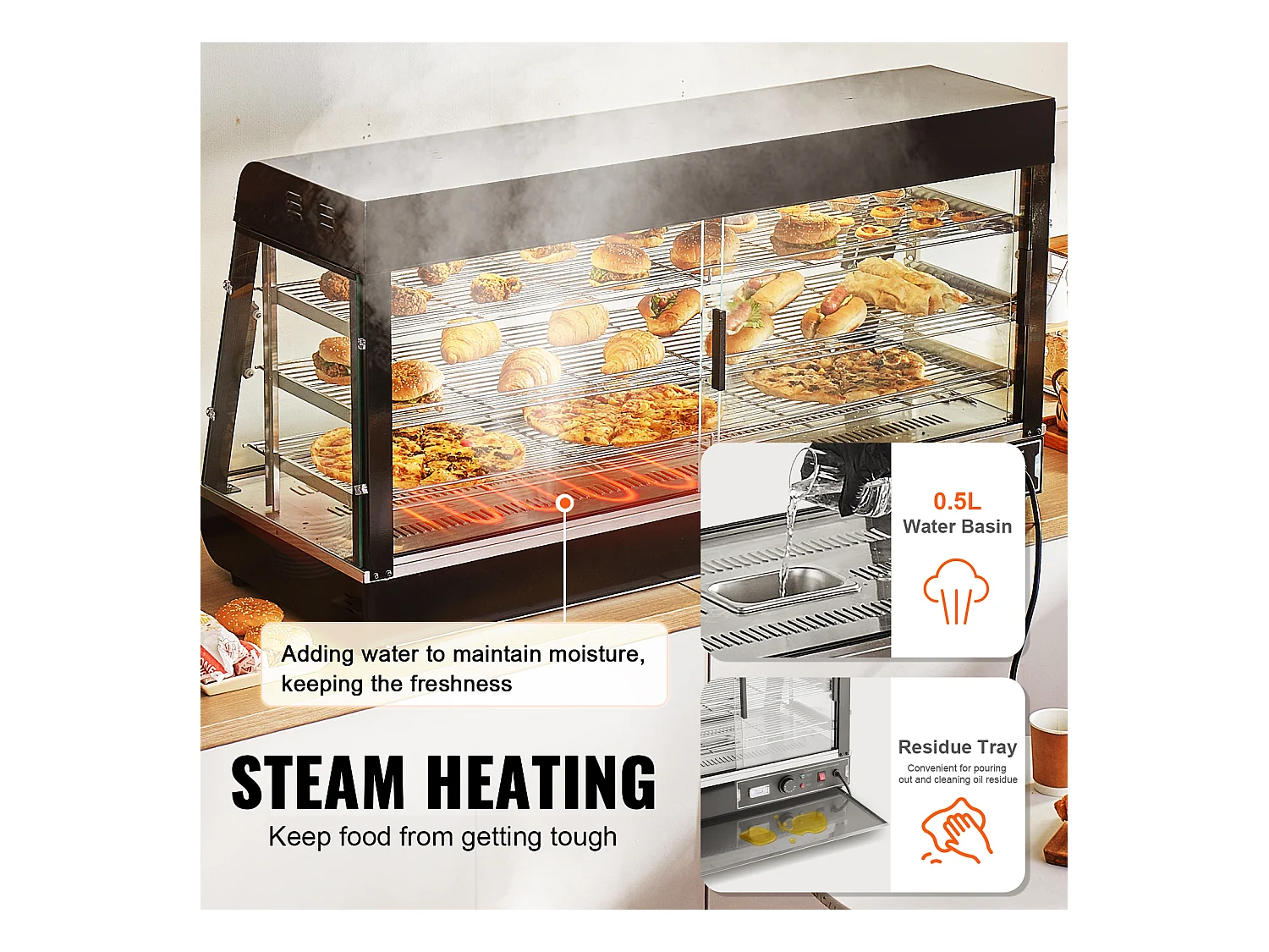 Présentoir SucceBuy Armoire à Pizza Commerciale à 3 Niveaux pour Réchauffeur de Nourriture avec Lumière