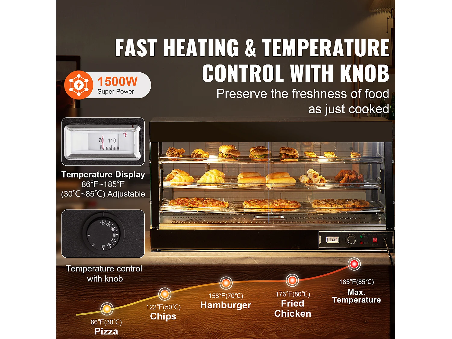 Présentoir SucceBuy Armoire à Pizza Commerciale à 3 Niveaux pour Réchauffeur de Nourriture avec Lumière