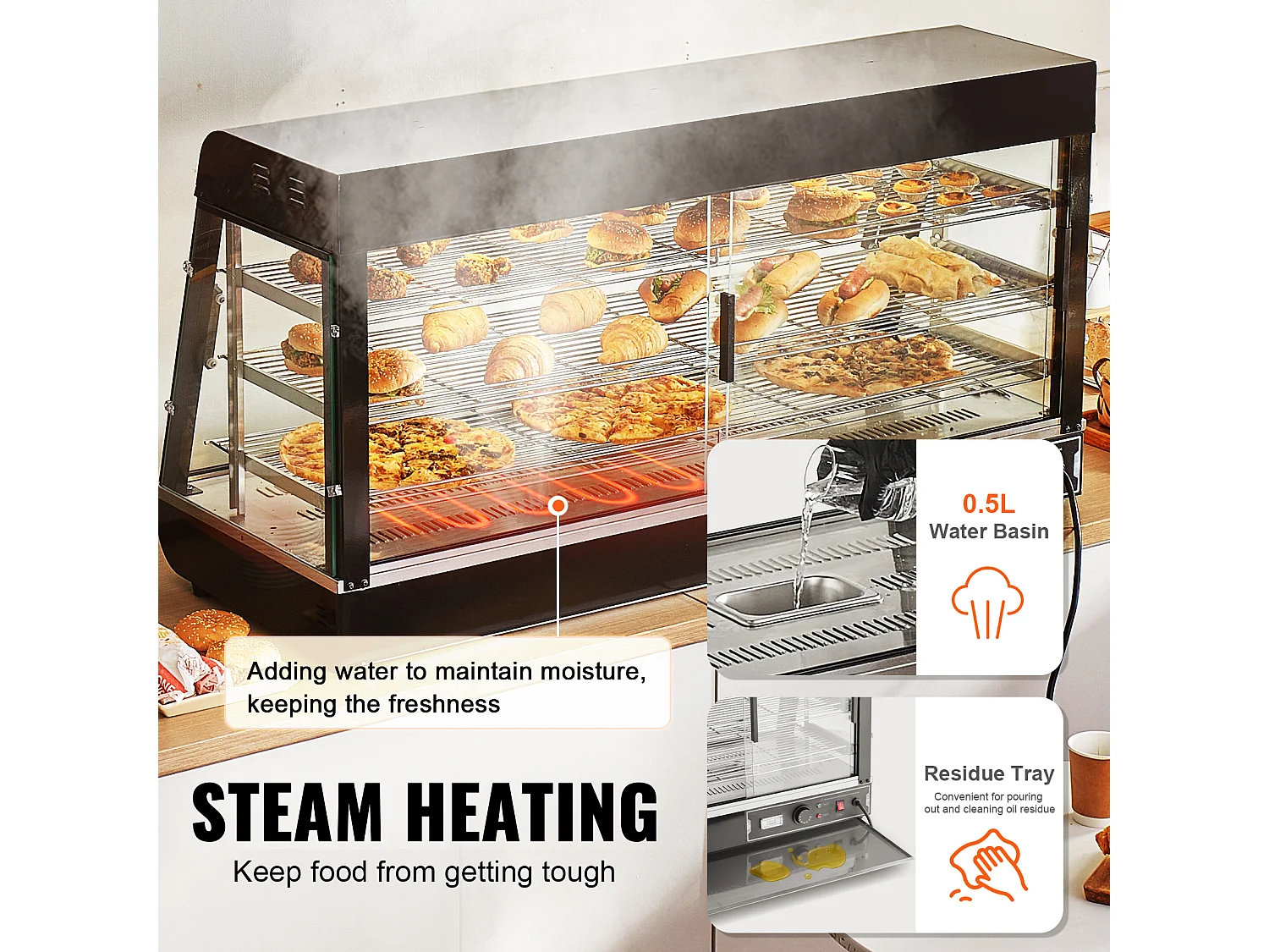 Présentoir SucceBuy Armoire à Pizza Commerciale à 3 Niveaux pour Réchauffeur de Nourriture avec Lumière