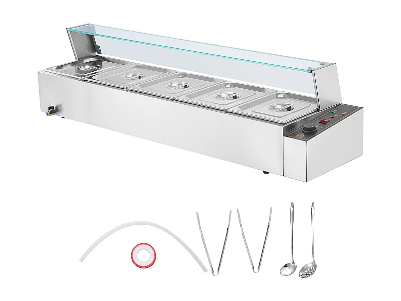 Cuiseur SucceBuy Buffet de Comptoir Chauffe-Plats Électrique Commercial, 5*7.6L avec Bouclier en Verre