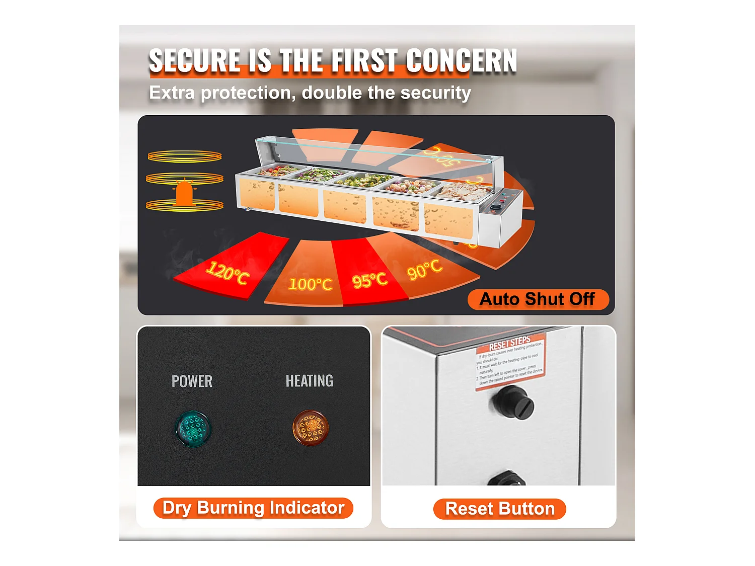 Cuiseur SucceBuy Buffet de Comptoir Chauffe-Plats Électrique Commercial, 5*7.6L avec Bouclier en Verre