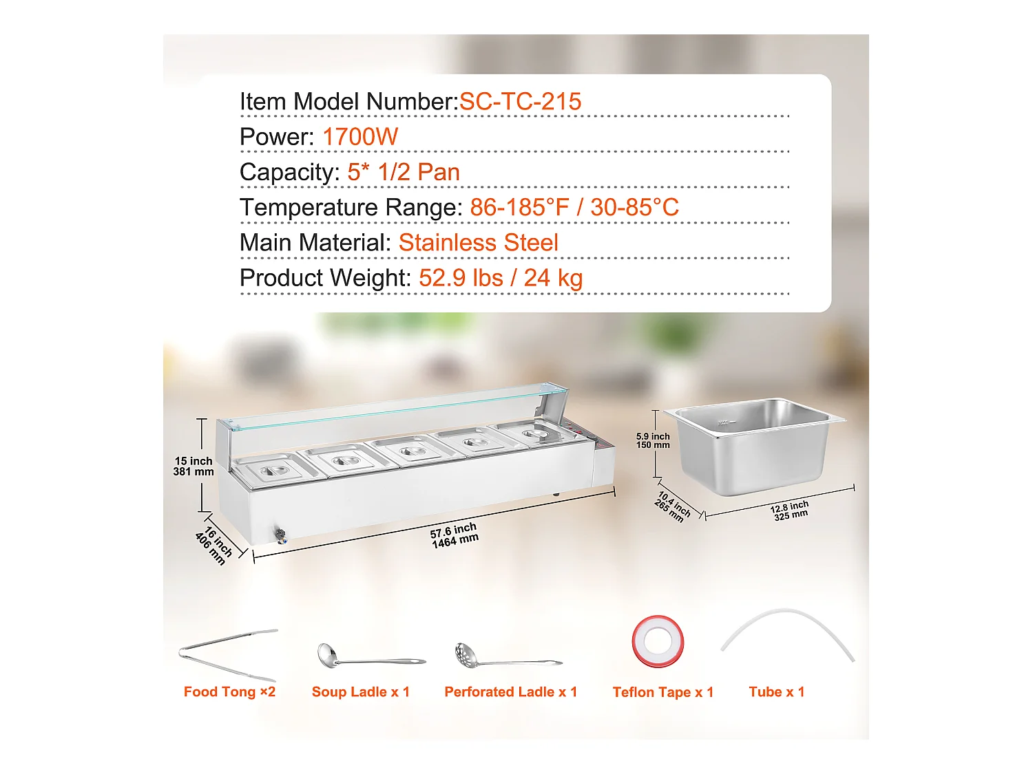 Cuiseur SucceBuy Buffet de Comptoir Chauffe-Plats Électrique Commercial, 5*7.6L avec Bouclier en Verre