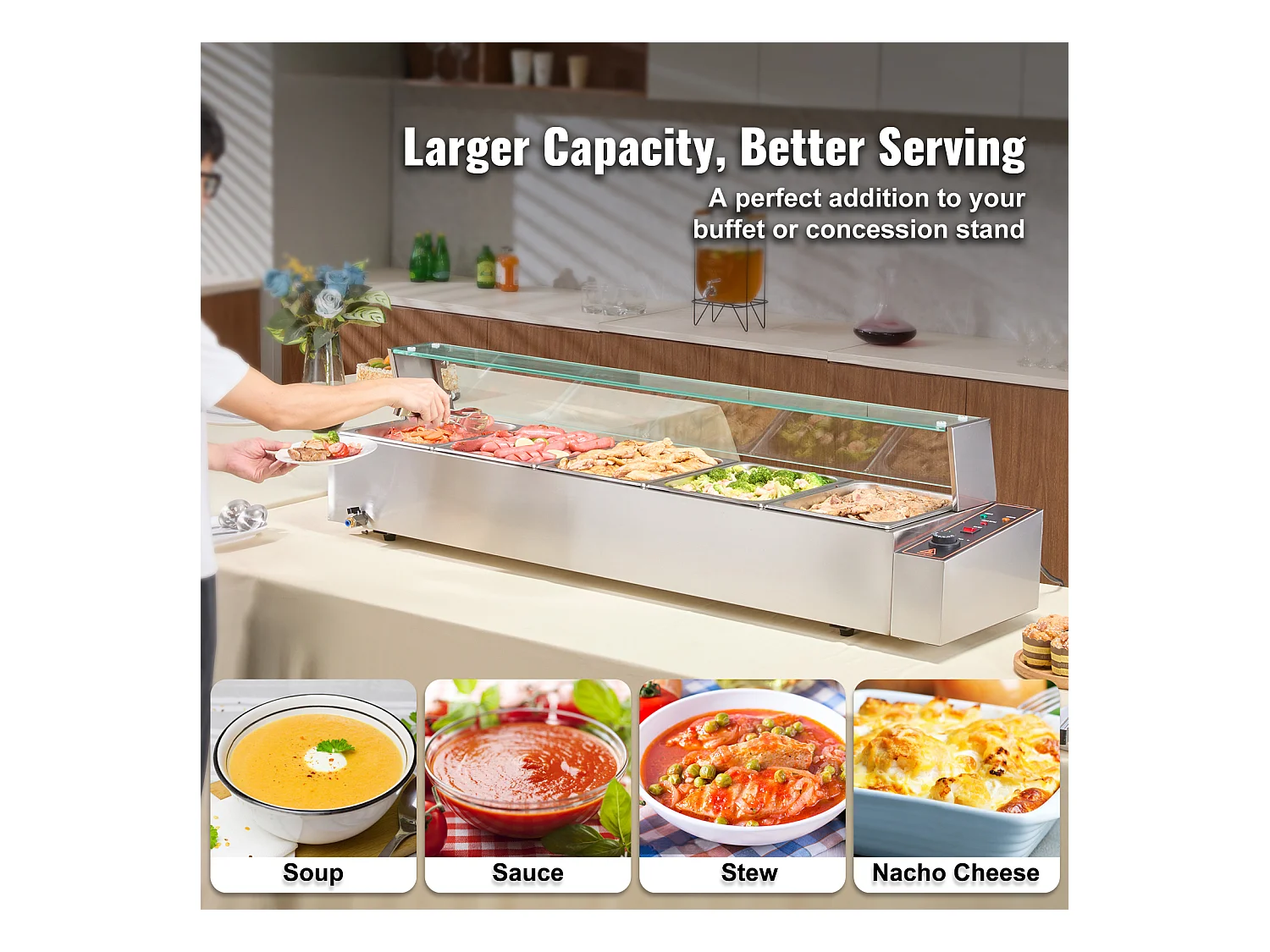 Cuiseur SucceBuy Buffet de Comptoir Chauffe-Plats Électrique Commercial, 5*7.6L avec Bouclier en Verre