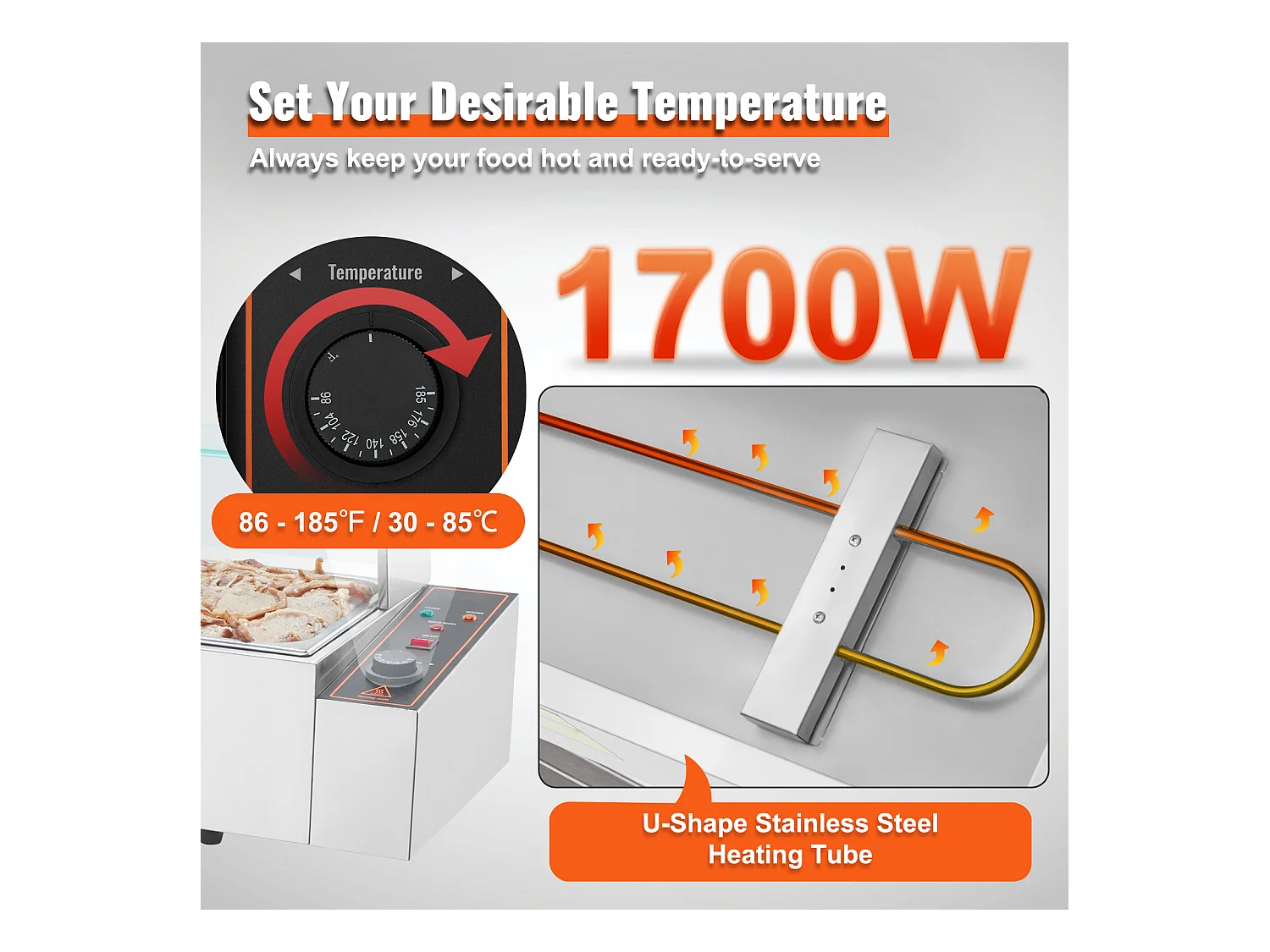 Cuiseur SucceBuy Buffet de Comptoir Chauffe-Plats Électrique Commercial, 5*7.6L avec Bouclier en Verre