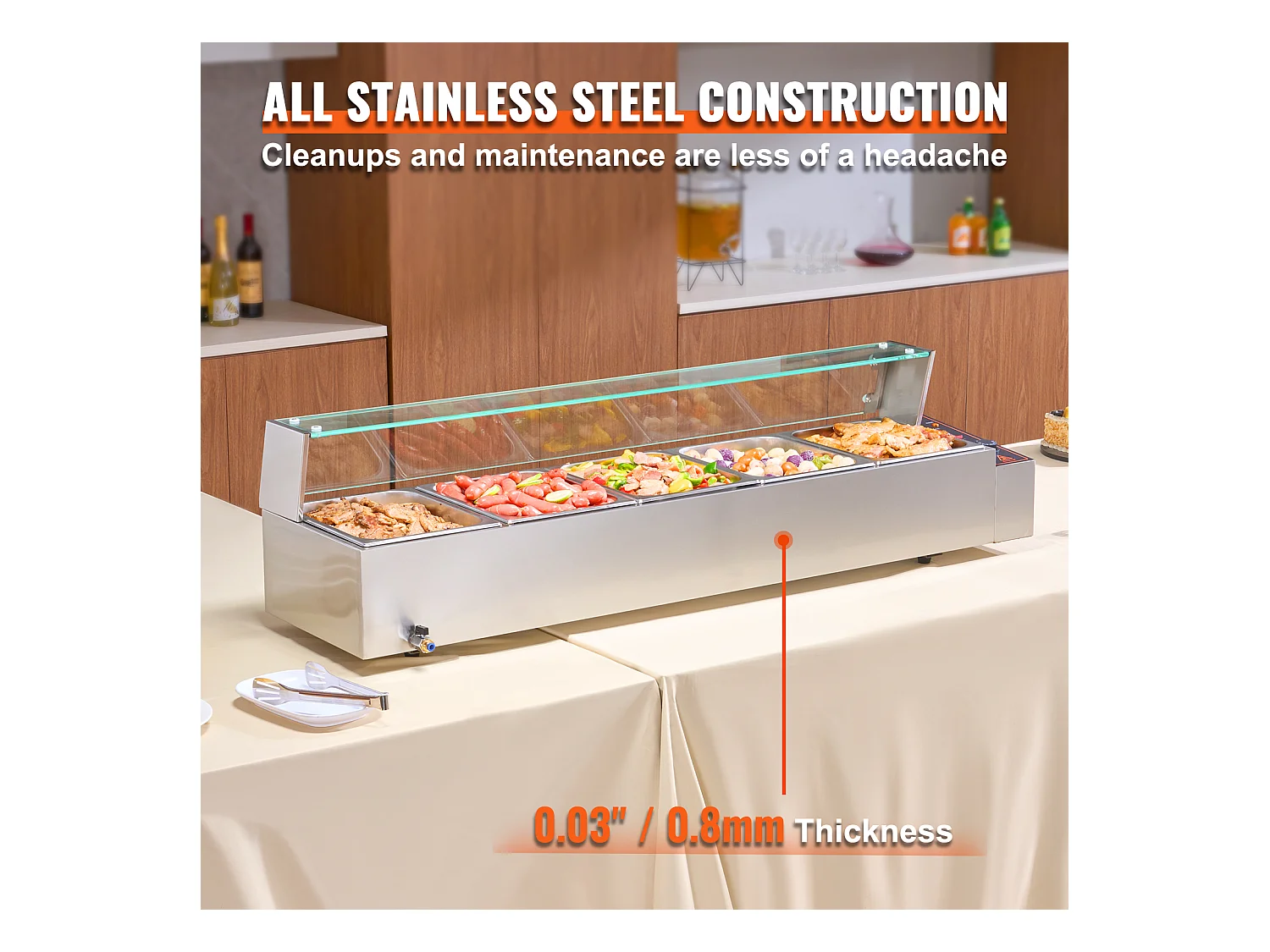 Cuiseur SucceBuy Buffet de Comptoir Chauffe-Plats Électrique Commercial, 5*7.6L avec Bouclier en Verre