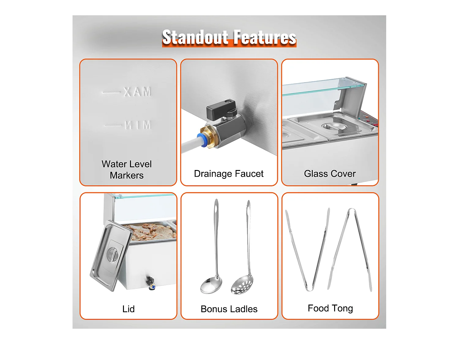 Cuiseur SucceBuy Buffet de Comptoir Chauffe-Plats Électrique Commercial, 5*7.6L avec Bouclier en Verre
