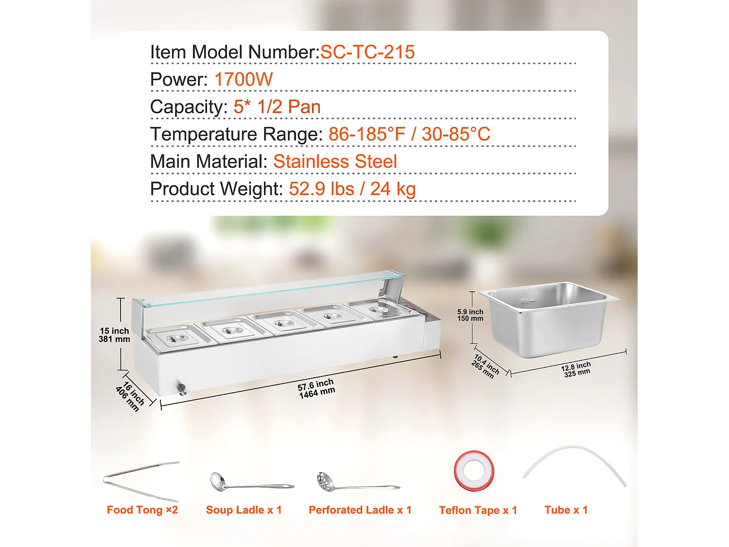 Cuiseur SucceBuy Buffet de Comptoir Chauffe-Plats Électrique Commercial, 5*7.6L avec Bouclier en Verre