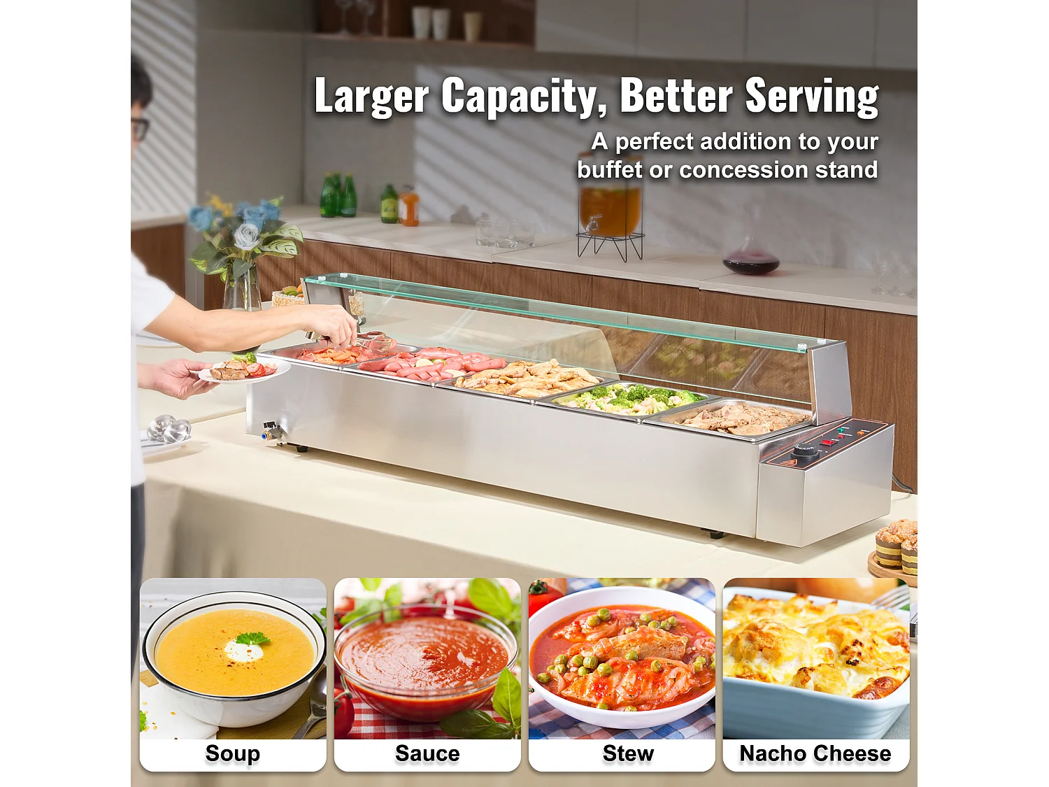 Cuiseur SucceBuy Buffet de Comptoir Chauffe-Plats Électrique Commercial, 5*7.6L avec Bouclier en Verre