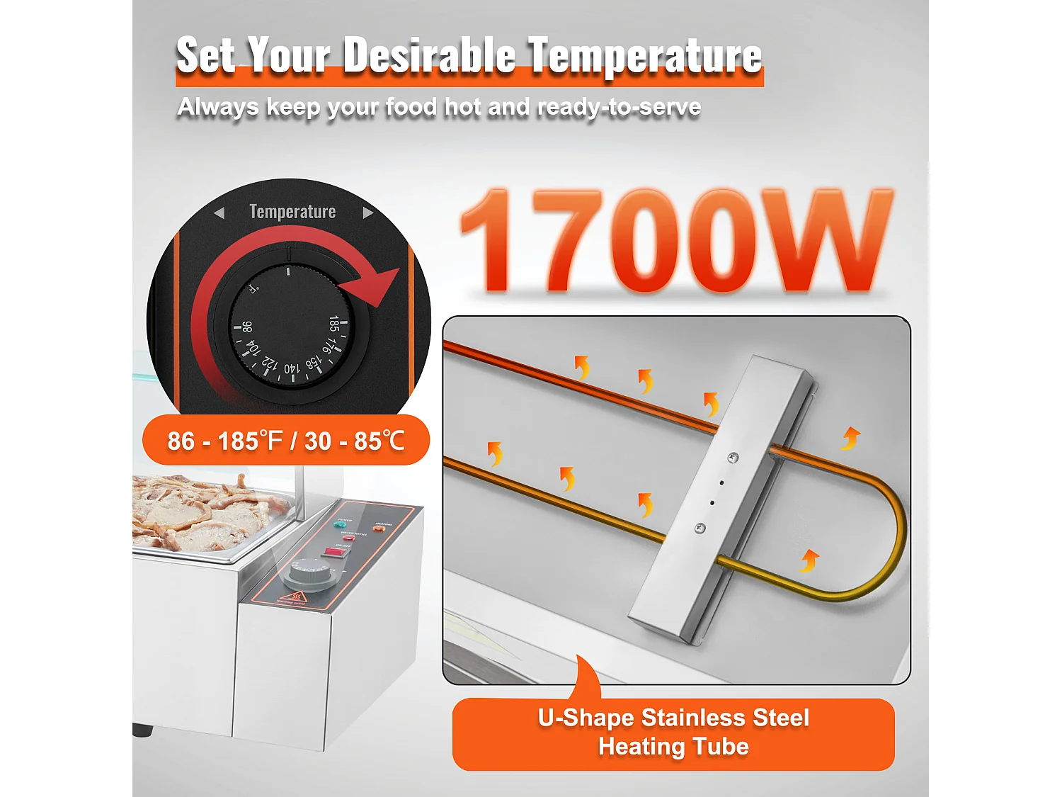 Cuiseur SucceBuy Buffet de Comptoir Chauffe-Plats Électrique Commercial, 5*7.6L avec Bouclier en Verre
