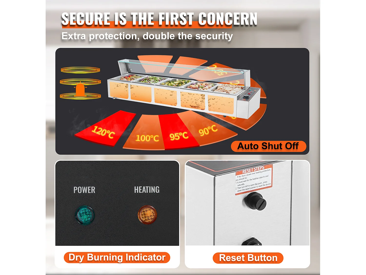 Cuiseur SucceBuy Buffet de Comptoir Chauffe-Plats Électrique Commercial, 5*7.6L avec Bouclier en Verre