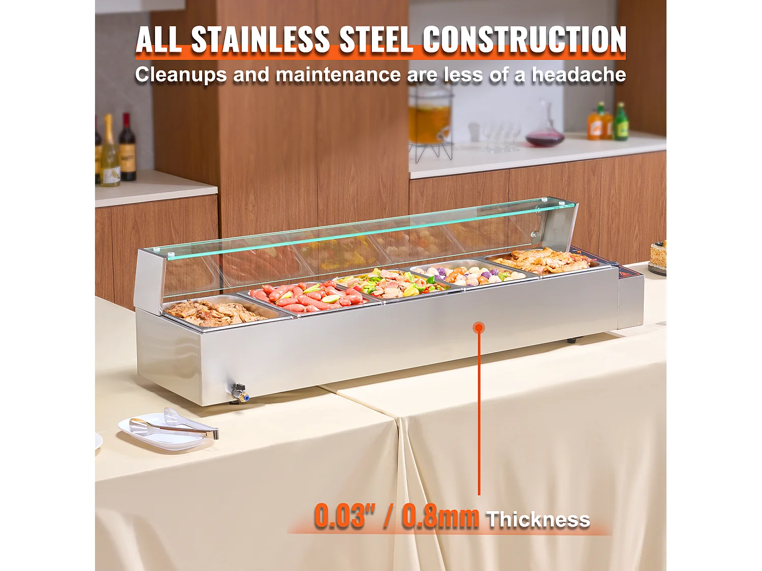 Cuiseur SucceBuy Buffet de Comptoir Chauffe-Plats Électrique Commercial, 5*7.6L avec Bouclier en Verre