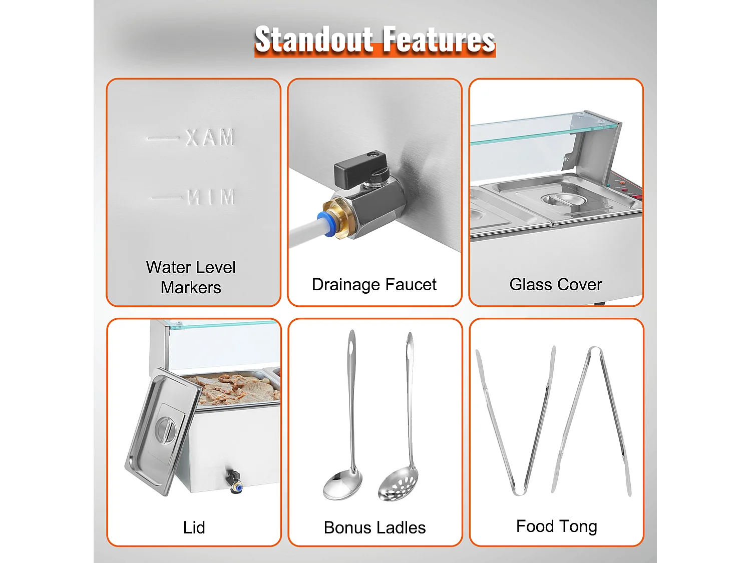 Cuiseur SucceBuy Buffet de Comptoir Chauffe-Plats Électrique Commercial, 5*7.6L avec Bouclier en Verre