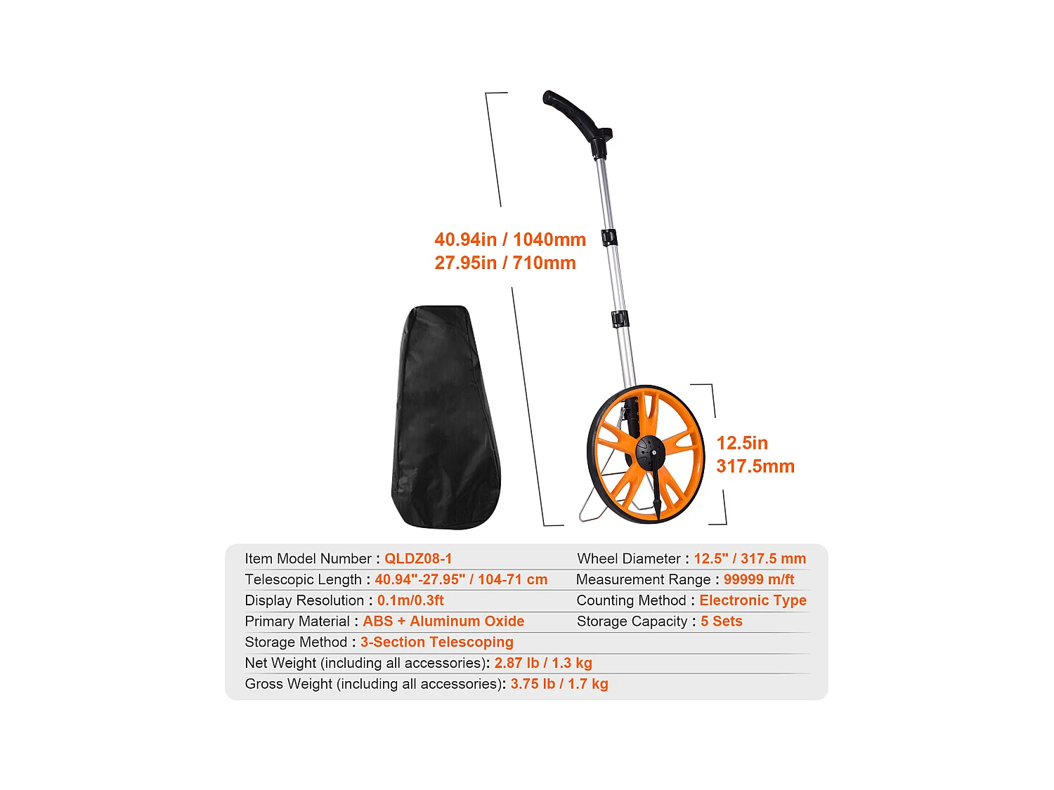 Roue de Mesure SucceBuy 317 mm avec Poignée Télescopique Pieds/Pouces et Sac, pour la Mesure des Routes en Gazon, en Dur, en Dur et en Bois