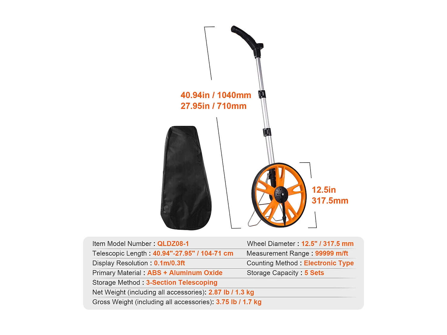 Messrad 317 Mm SucceBuy Mit Teleskopgriff Fuß/Zoll und Tasche, zur Messung von Rasen-, Hart- und Holzstraßen