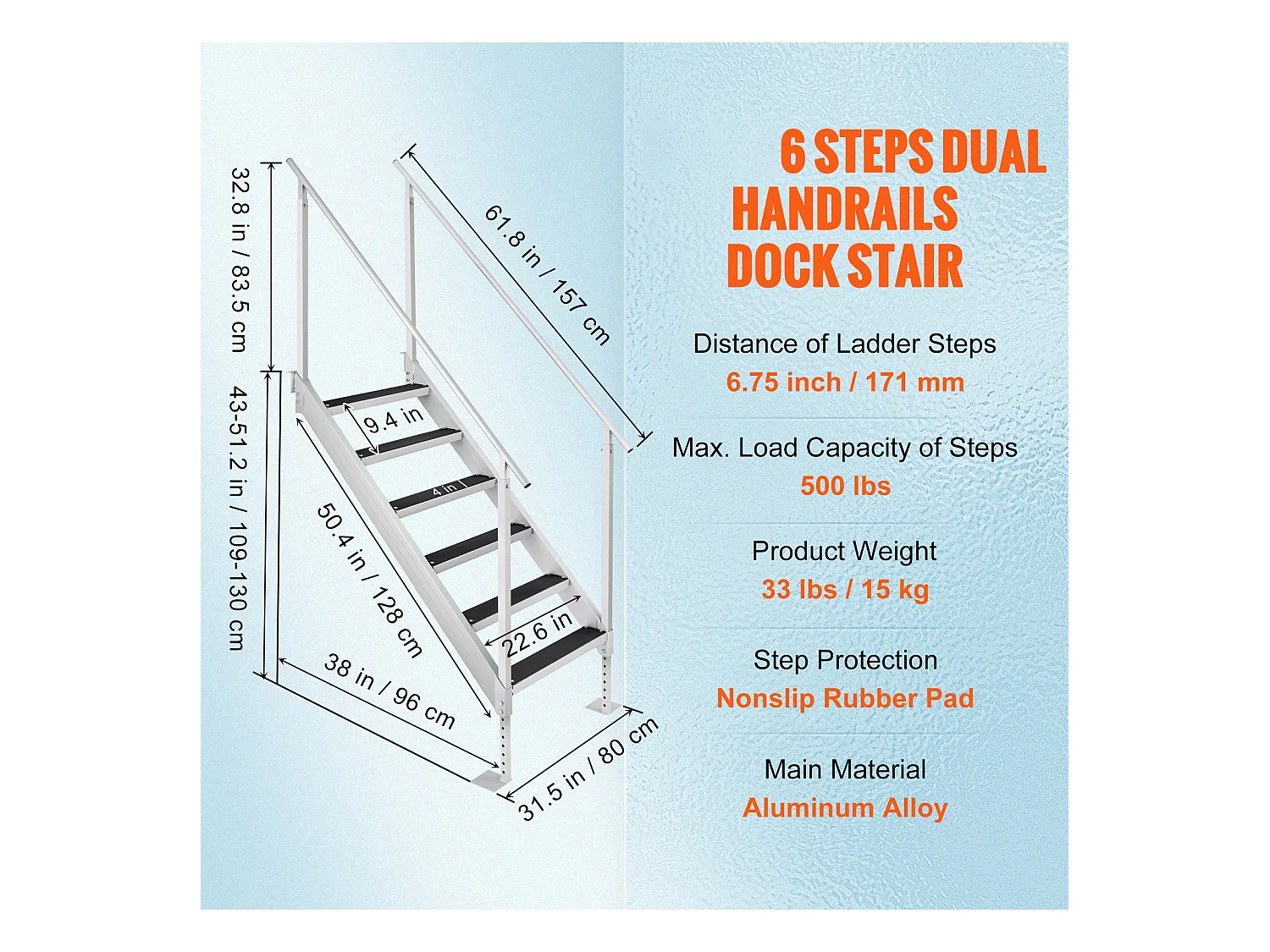 Échelle en Aluminium SucceBuy de Bateau à 6 Marches, Hauteur Réglable de 109.22 à 129.54 cm