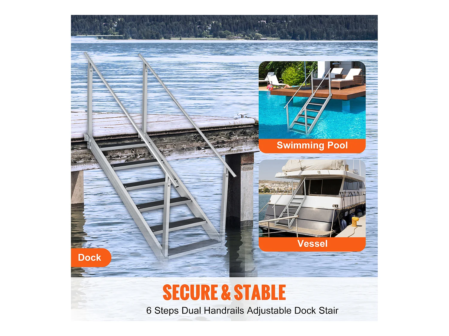 Échelle en Aluminium SucceBuy de Bateau à 6 Marches, Hauteur Réglable de 109.22 à 129.54 cm