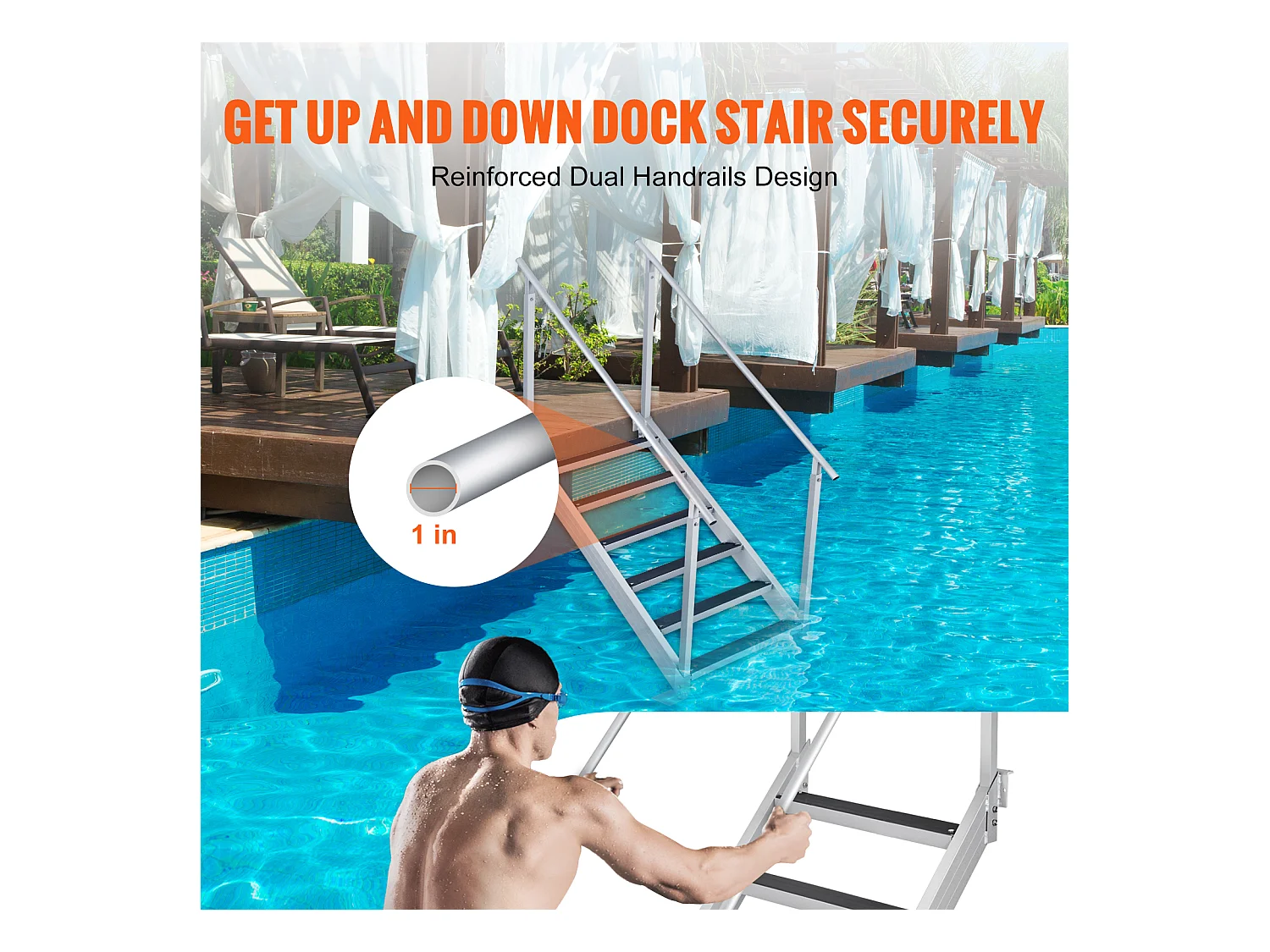 Échelle en Aluminium SucceBuy de Bateau à 6 Marches, Hauteur Réglable de 109.22 à 129.54 cm