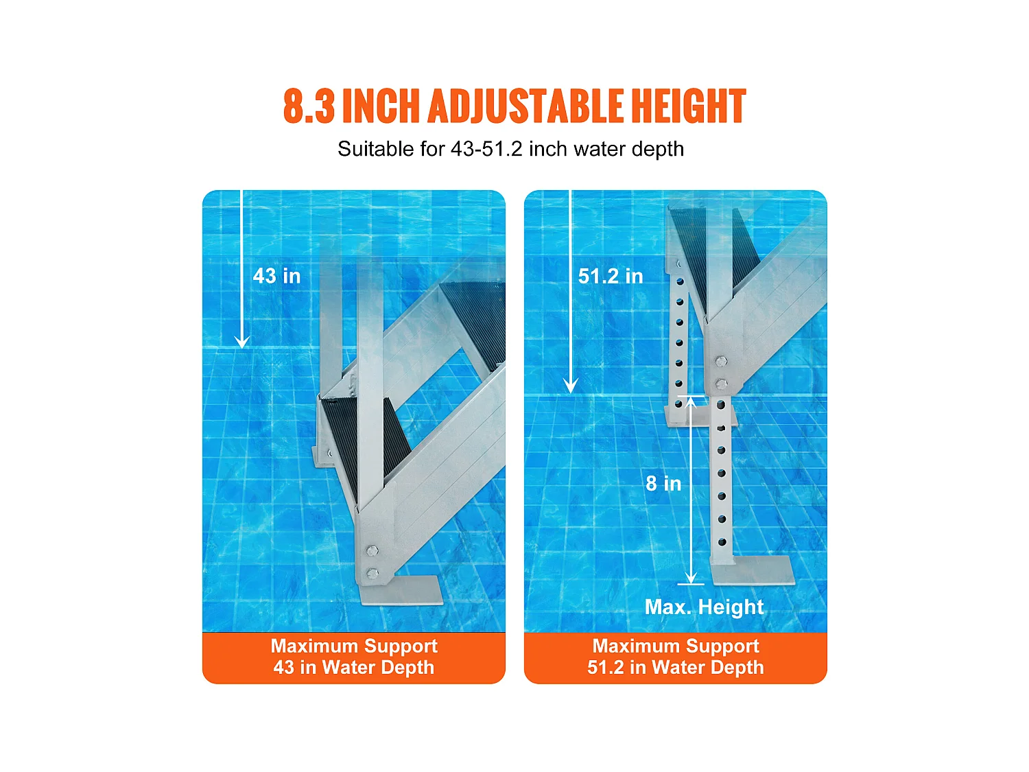 Bootstreppe Aluminium SucceBuy mit 6 Stufen, Verstellbare Höhe von 109.22 bis 129.54 cm