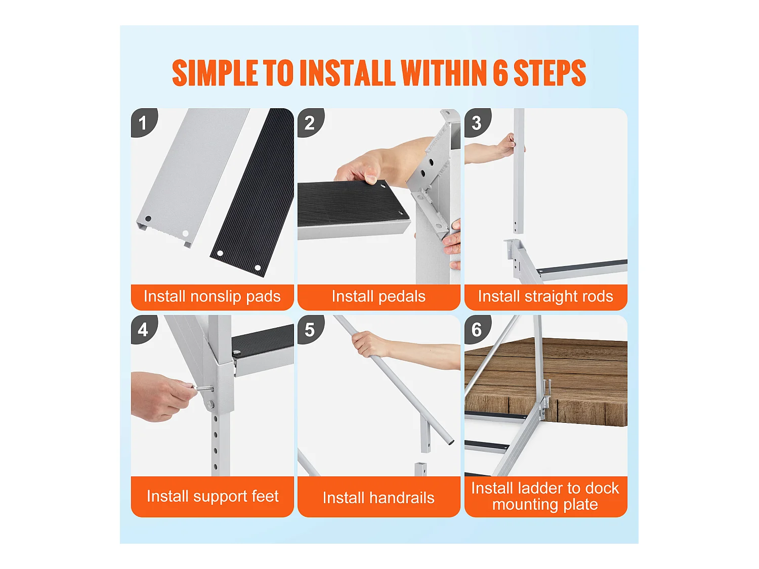 Bootstreppe Aluminium SucceBuy mit 6 Stufen, Verstellbare Höhe von 109.22 bis 129.54 cm