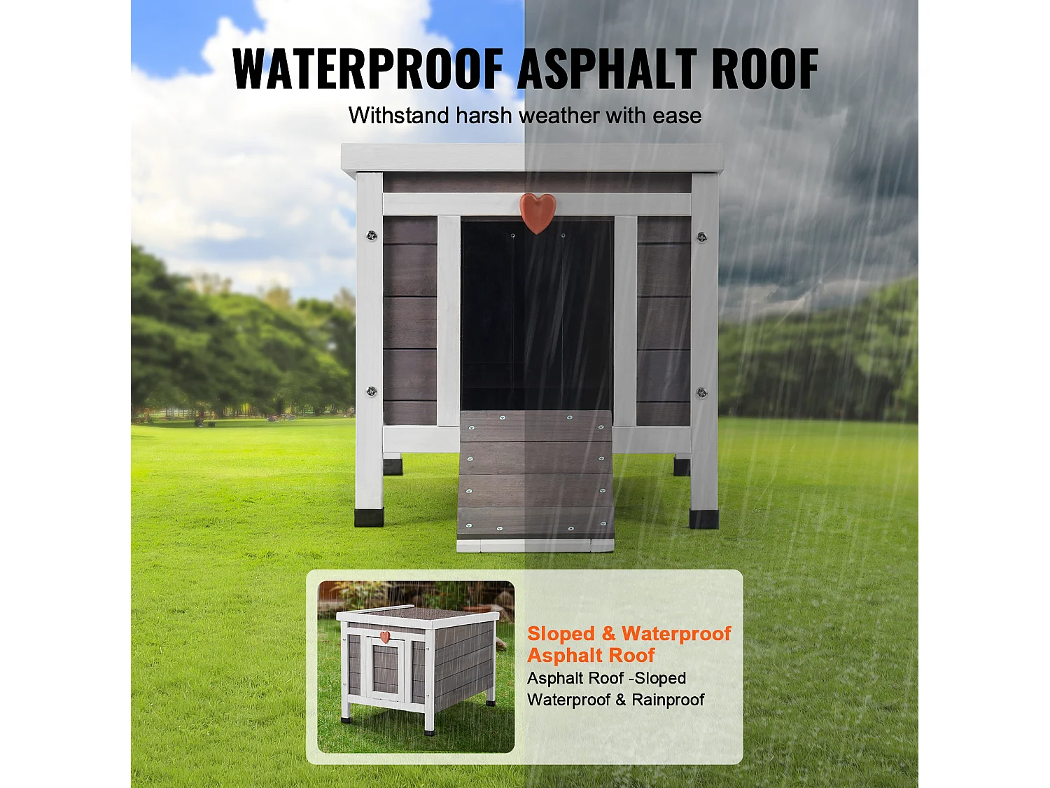 Abri pour Chats SucceBuy en Bois, Équipé d'un Toit et de Barrières PVC sur la Porte