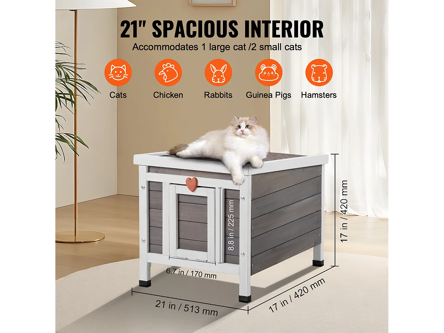 Abri pour Chats SucceBuy en Bois, Équipé d'un Toit et de Barrières PVC sur la Porte