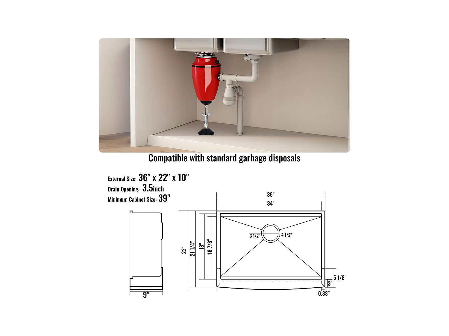 Evier de Cuisine SucceBuy Évier Cuisine de Style Campagnard Évier à Encastrer en Acier Inoxydable 304 Une Cuve 91 x 56 x 23 Cm