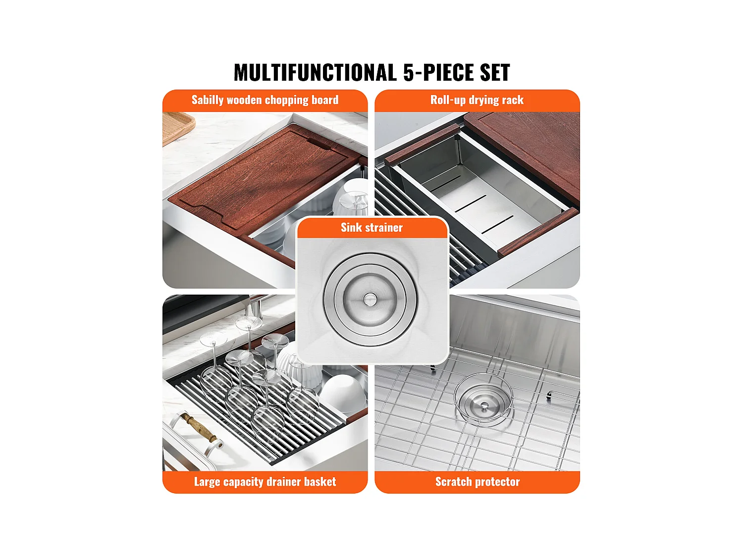 Evier de Cuisine SucceBuy Évier Cuisine de Style Campagnard Évier à Encastrer en Acier Inoxydable 304 Une Cuve 91 x 56 x 23 Cm