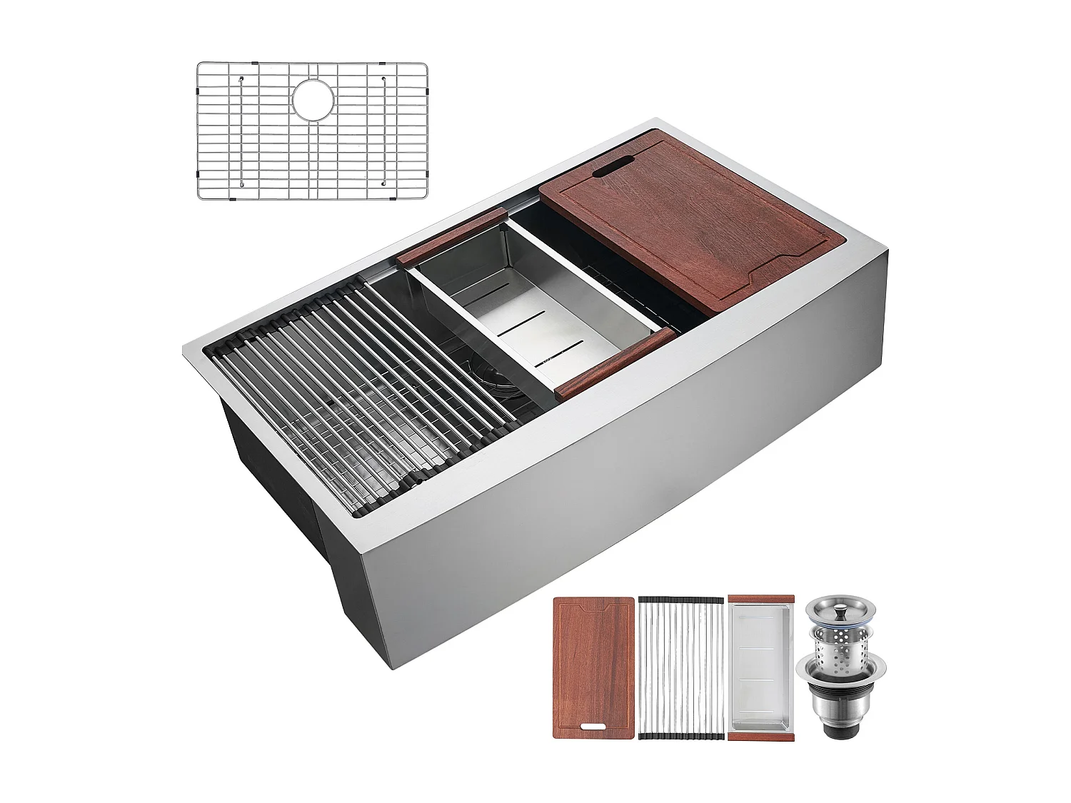 Evier de Cuisine SucceBuy Évier Cuisine de Style Campagnard Évier à Encastrer en Acier Inoxydable 304 Une Cuve 91 x 56 x 23 Cm