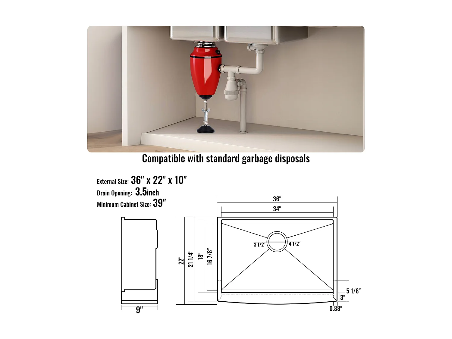Evier de Cuisine SucceBuy Évier Cuisine de Style Campagnard Évier à Encastrer en Acier Inoxydable 304 Une Cuve 91 x 56 x 23 Cm