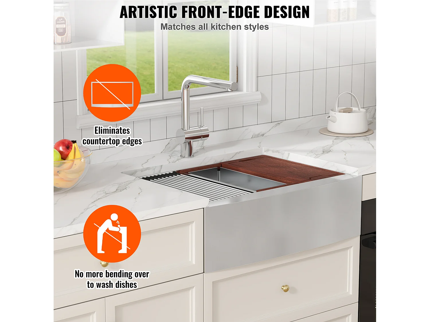 Evier de Cuisine SucceBuy Évier Cuisine de Style Campagnard Évier à Encastrer en Acier Inoxydable 304 Une Cuve 91 x 56 x 23 Cm