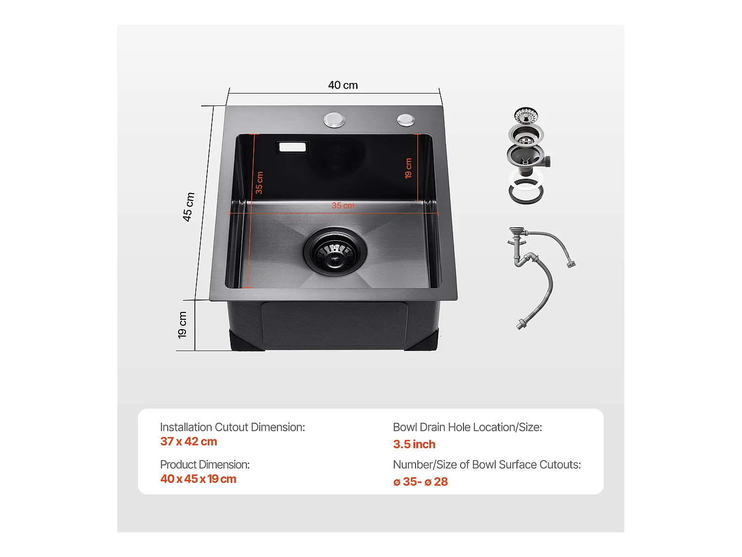 Küchenspüle SucceBuy Küchenspüle, 40 cm, Top Mount Küchenspüle, Einzelbecken, Edelstahl, Schwarz